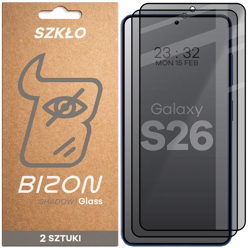Gehärtetes Glas mit Privatschutzfilter für Galaxy S26, Bizon Glass Edge Shadow Duo, getönt mit schwarzer Rahmen, 2 Stück