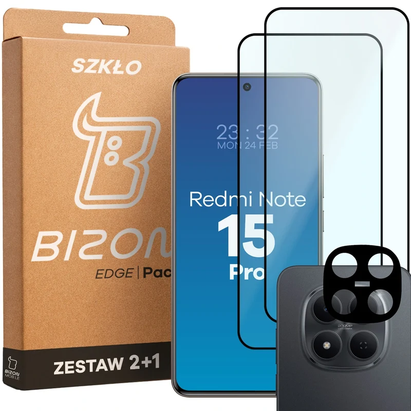 Gehärtetes Glas - 2 Stück + Kameraschutz für Xiaomi Redmi Note 15 Pro 5G, Bizon Glass Edge Pack, Schwarz