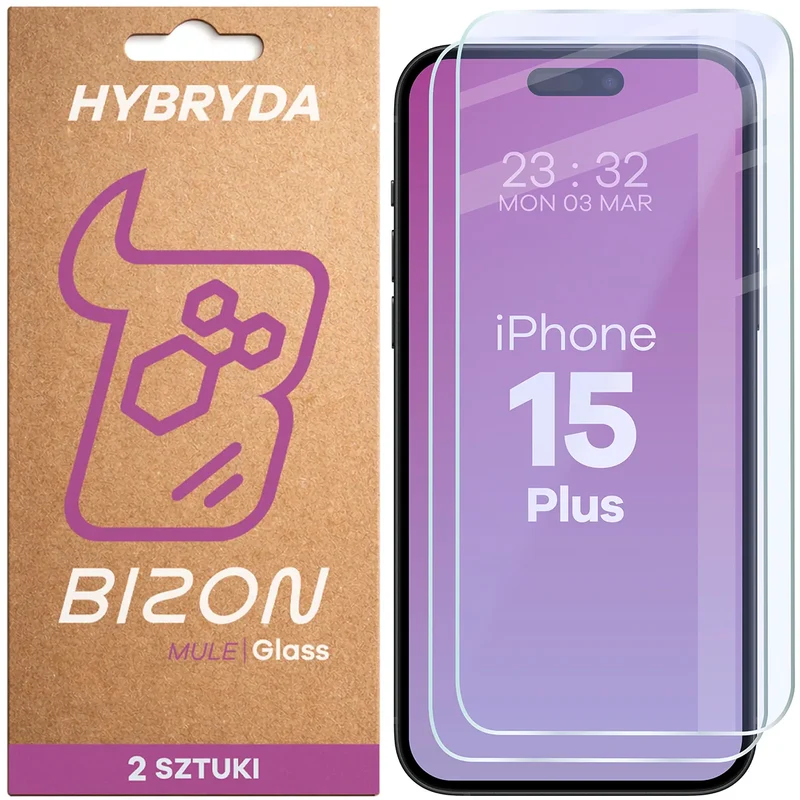 Flexibles Hybridglas für iPhone 15 Plus, Bizon Hybrid Mule Duo, 2 Stück