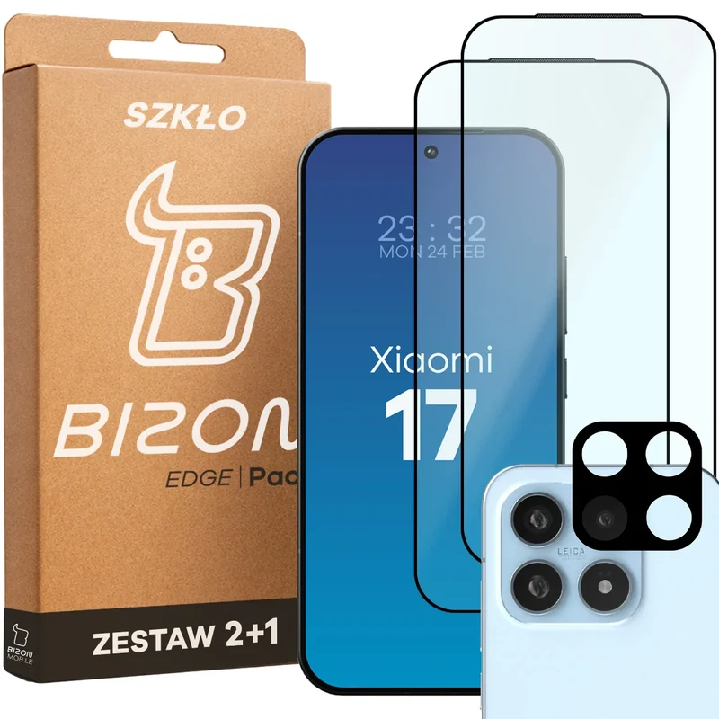 Gehärtetes Glas - 2 Stück + Kameraschutz für Xiaomi 17, Bizon Glass Edge Pack, Schwarz