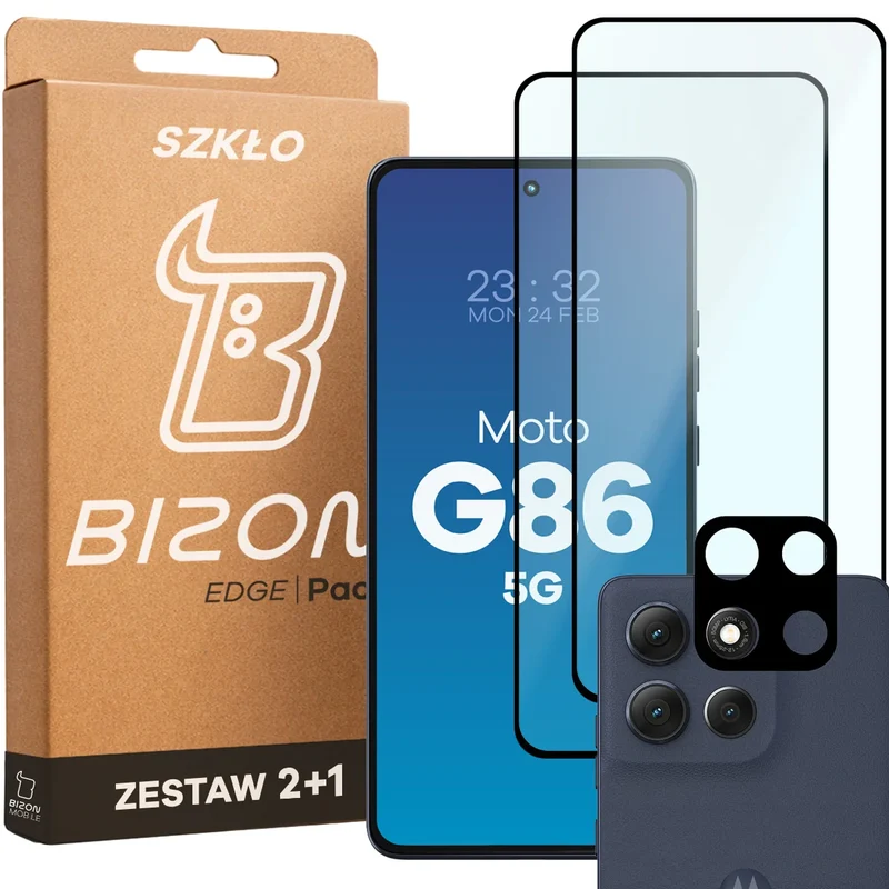 Gehärtetes Glas - 2 Stück + Kameraschutz für Motorola Moto G86 5G, Bizon Glass Edge Pack, Schwarz