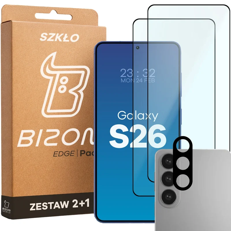 Gehärtetes Glas - 2 Stück + Kameraschutz für Galaxy S26, Bizon Glass Edge Pack, Schwarz