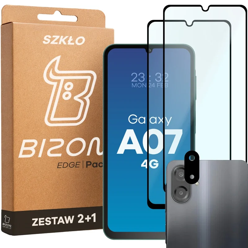 Gehärtetes Glas - 2 Stück + Kameraschutz für Galaxy A07 4G, Bizon Glass Edge Pack, Schwarz