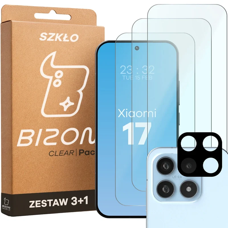 Gehärtetes Glas - 3 Stück + Kameraschutz für Xiaomi 17, Bizon Glass Clear Pack