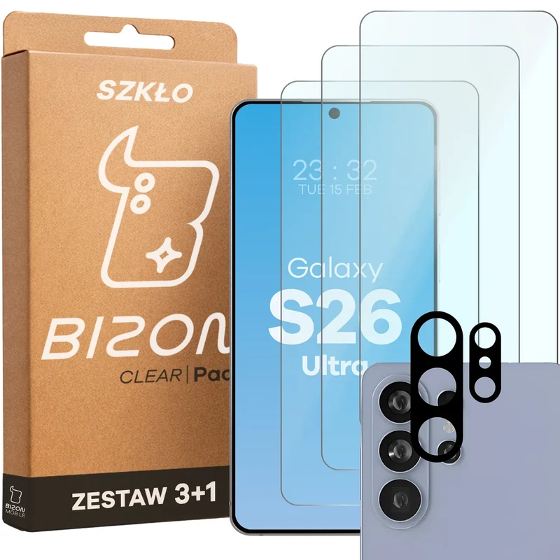 Gehärtetes Glas - 3 Stück + Kameraschutz für Galaxy S26 Ultra, Bizon Glass Clear Pack