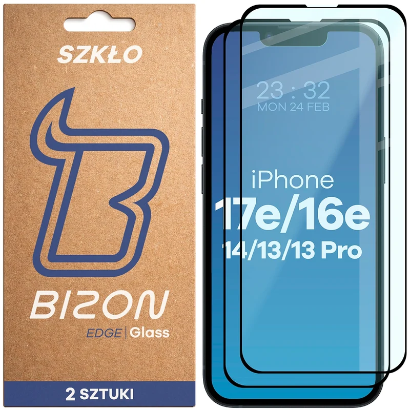 Gehärtetes Glas für iPhone 17e / 16e / 14 / 13 Pro / 13, Bizon Glass Edge Duo, Schwarzer Rahmen, 2 Stück