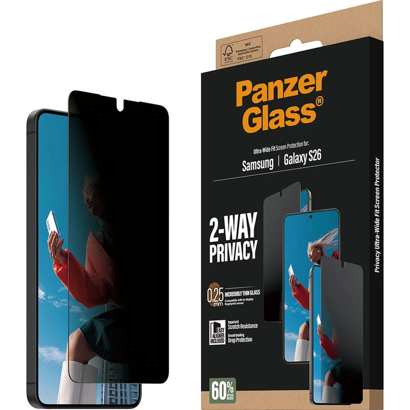 Sichtschutzglas mit Applikator für Galaxy S26, PanzerGlass 2-Way Privacy Ultra-Wide Fit EasyAligner