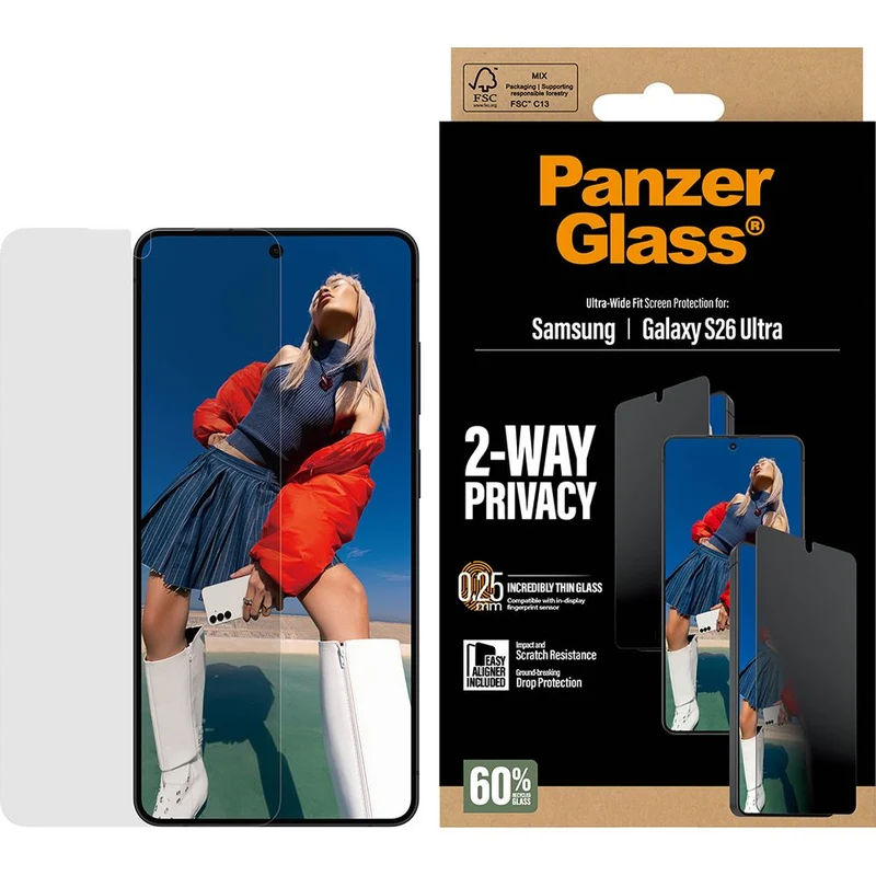 Sichtschutzglas mit Applikator für Galaxy S26 Ultra, PanzerGlass 2-Way Privacy Ultra-Wide Fit EasyAligner