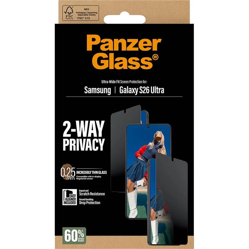 Sichtschutzglas mit Applikator für Galaxy S26 Ultra, PanzerGlass 2-Way Privacy Ultra-Wide Fit EasyAligner