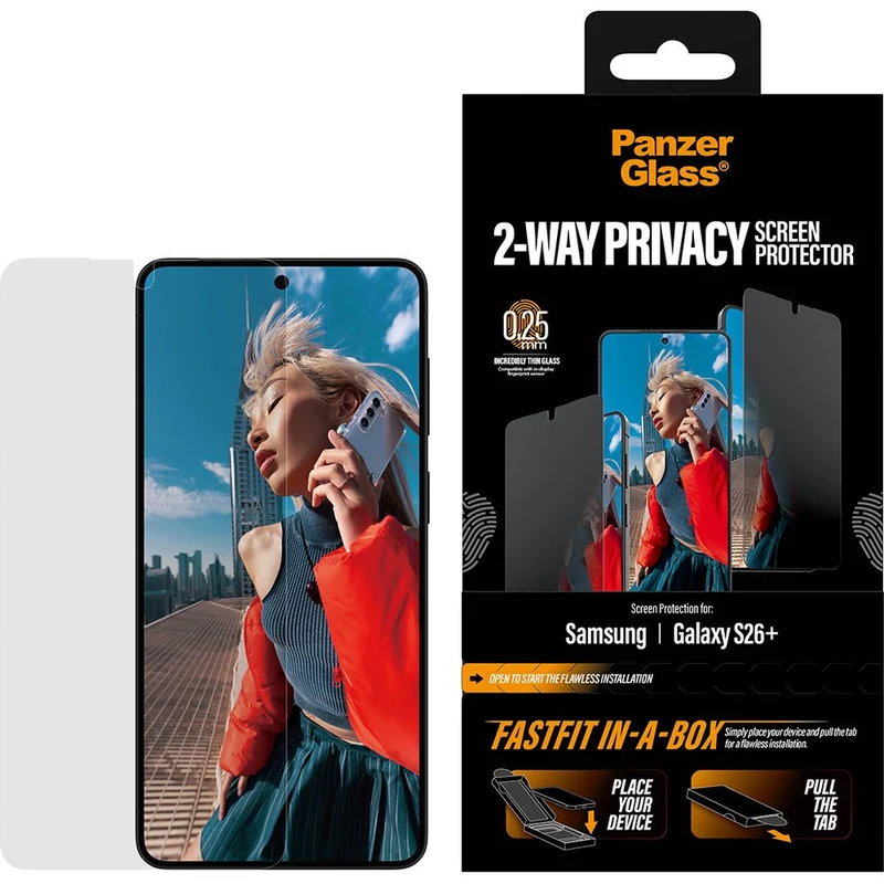 Sichtschutzglas mit Applikator für Galaxy S26 Plus, PanzerGlass 2-Way Privacy Ultra-Wide Fit FastFit