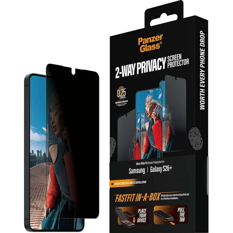 Sichtschutzglas mit Applikator für Galaxy S26 Plus, PanzerGlass 2-Way Privacy Ultra-Wide Fit FastFit