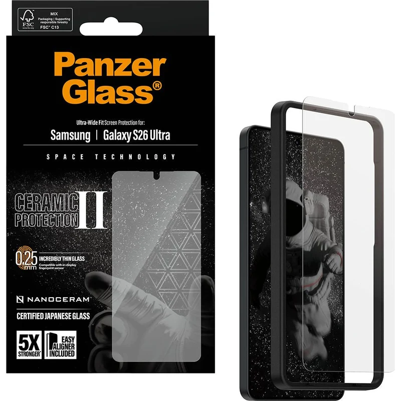 Gehärtetes Glas mit Applikator für Galaxy S26 Ultra, PanzerGlass Ceramic Ultra-Wide Fit + EasyAligner