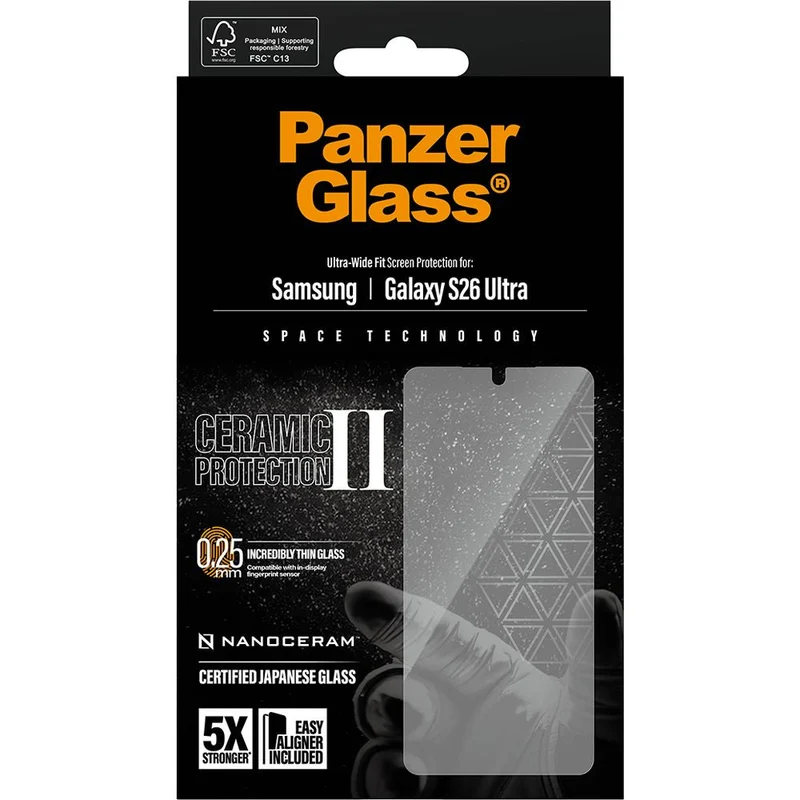 Gehärtetes Glas mit Applikator für Galaxy S26 Ultra, PanzerGlass Ceramic Ultra-Wide Fit + EasyAligner