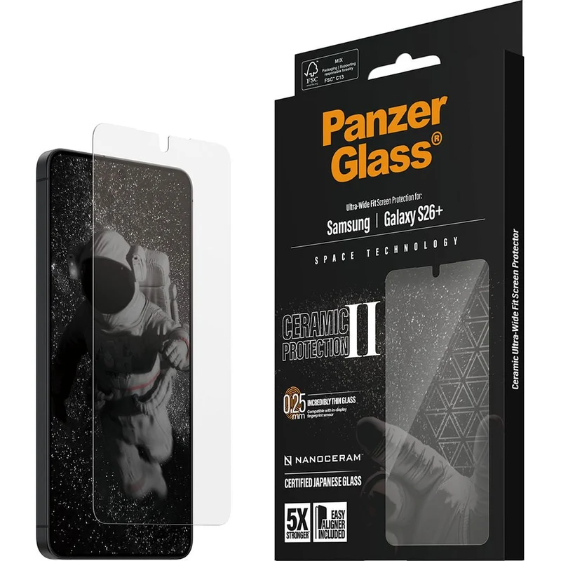 Gehärtetes Glas mit Applikator für Galaxy S26 Plus, PanzerGlass Ceramic Ultra-Wide Fit + EasyAligner