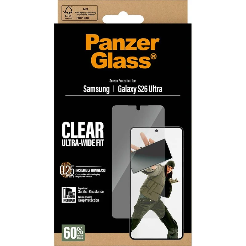 Gehärtetes Glas mit Applikator für Galaxy S26 Ultra, PanzerGlass Ultra-Wide Fit, Transparent