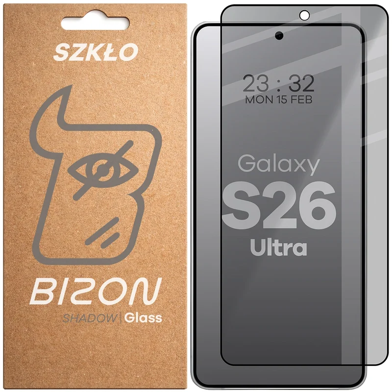Gehärtetes Glas mit Privatschutzfilter für Galaxy S26 Ultra, Bizon Glass Edge Shadow, getönt mit schwarzer Rahmen