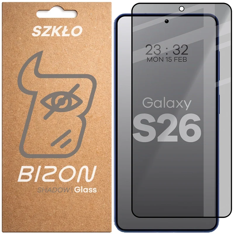 Gehärtetes Glas mit Privatschutzfilter für Galaxy S26, Bizon Glass Edge Shadow, getönt mit schwarzer Rahmen