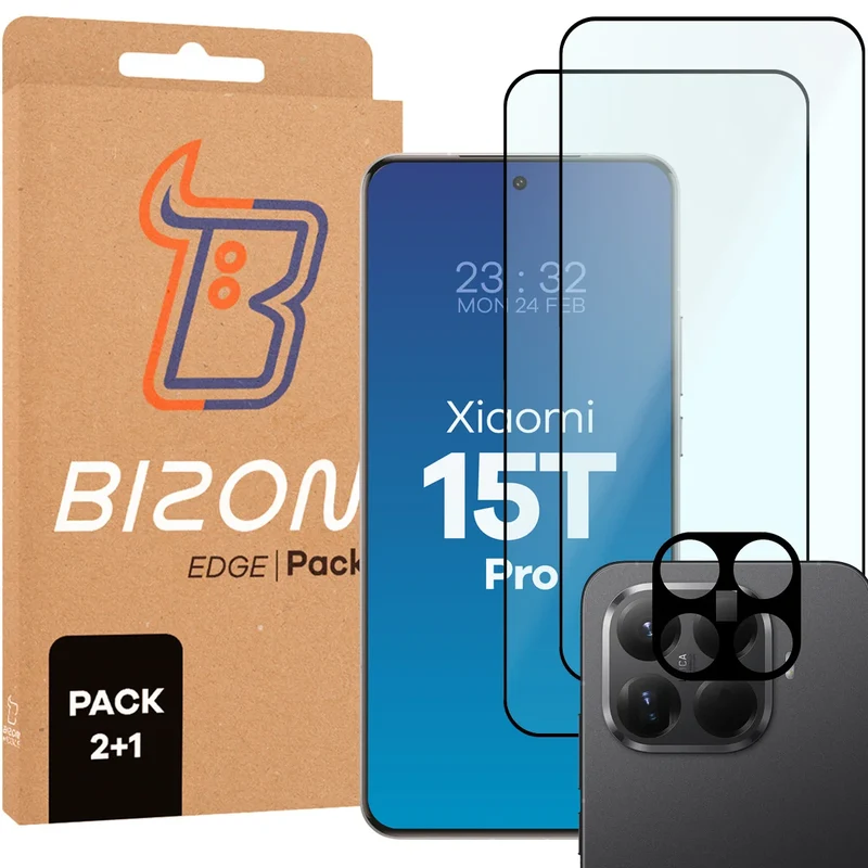 Gehärtetes Glas - 2 Stück + Kameraschutz für Xiaomi 15T Pro, Bizon Glass Edge Pack, Schwarz