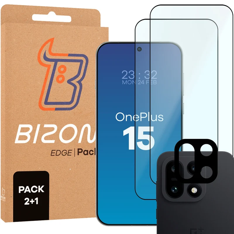 Gehärtetes Glas - 2 Stück + Kameraschutz für OnePlus 15, Bizon Glass Edge Pack, Schwarz
