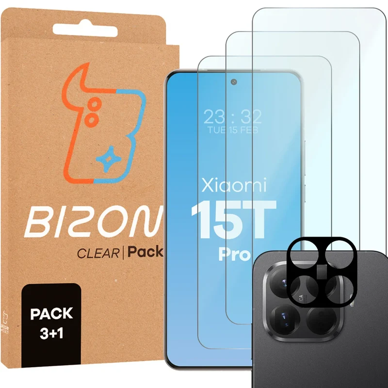Gehärtetes Glas - 3 Stück + Kameraschutz für Xiaomi 15T Pro, Bizon Glass Clear Pack
