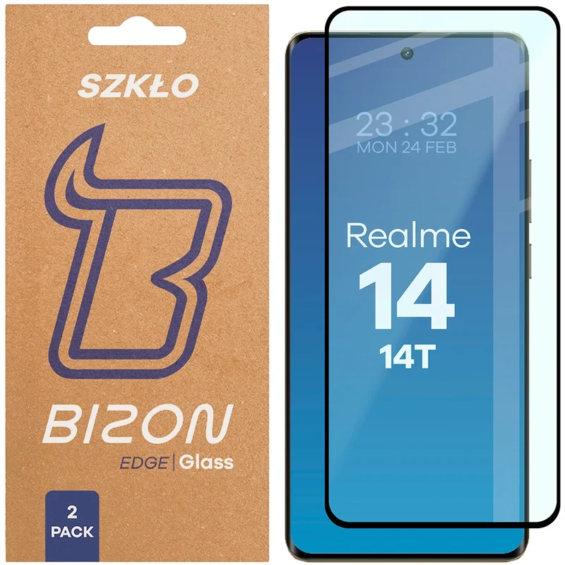 Gehärtetes Glas für Realme 14 5G / 14T 5G, Bizon Glass Edge Duo, Schwarzer Rahmen, 2 Stück