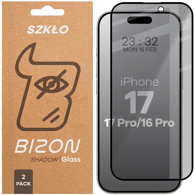 Gehärtetes Glas mit Privatschutzfilter für iPhone 17 / 17 Pro / 16 Pro, Bizon Glass Edge Shadow Duo, getönt mit schwarzer Rahmen, 2 Stück