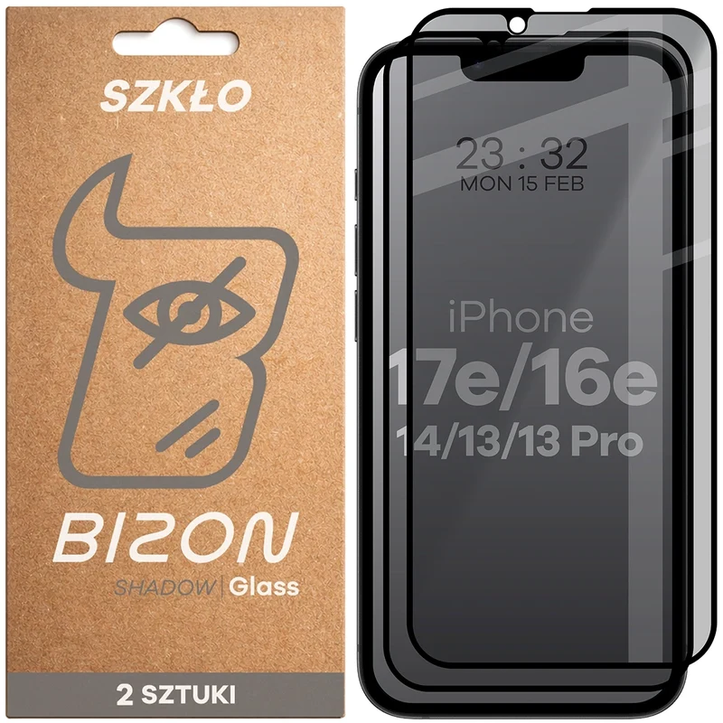 Gehärtetes Glas mit Privatschutzfilter für iPhone 17e / 16e / 14 / 13 Pro / 13, Bizon Glass Edge Shadow Duo, getönt mit schwarzer Rahmen, 2 Stück