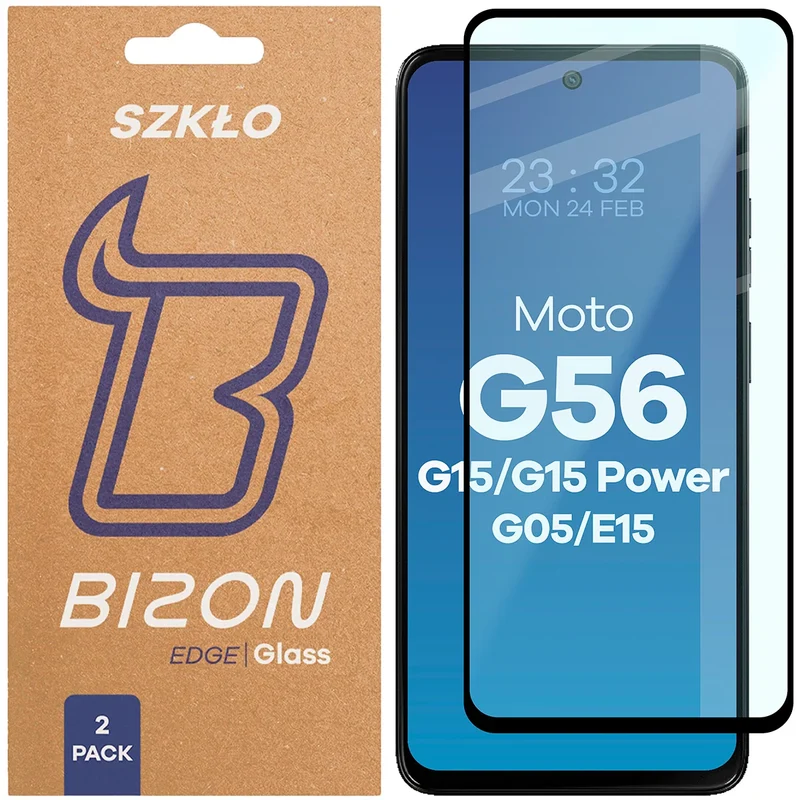 Gehärtetes Glas für Motorola Moto G15 / G15 Power / G05 / E15 / G56 5G, Bizon Glass Edge Duo, Schwarzer Rahmen, 2 Stück