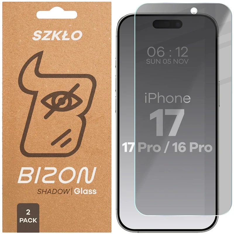 Gehärtetes Glas mit Privatschutzfilter für iPhone 17 / 17 Pro / 16 Pro, Bizon Glass Clear Shadow Duo, getönt, 2 Stück