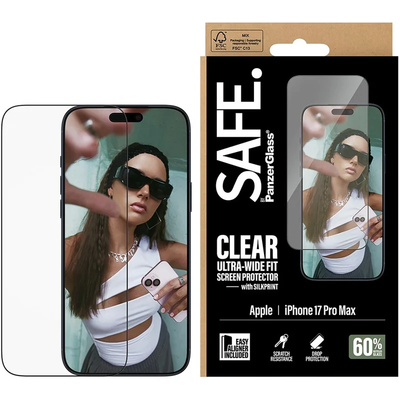 Gehärtetes Glas mit Applikator für iPhone 17 Pro Max, SAFE by PanzerGlass Ultra-Wide Fit Easy Aligner, Transparent mit Schwarzem Rahmen