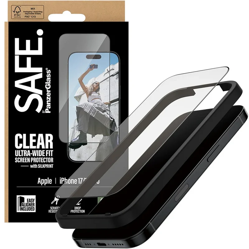 Gehärtetes Glas mit Applikator für iPhone 17 / 16 Pro, SAFE by PanzerGlass Ultra-Wide Fit Easy Aligner, Transparent mit Schwarzem Rahmen