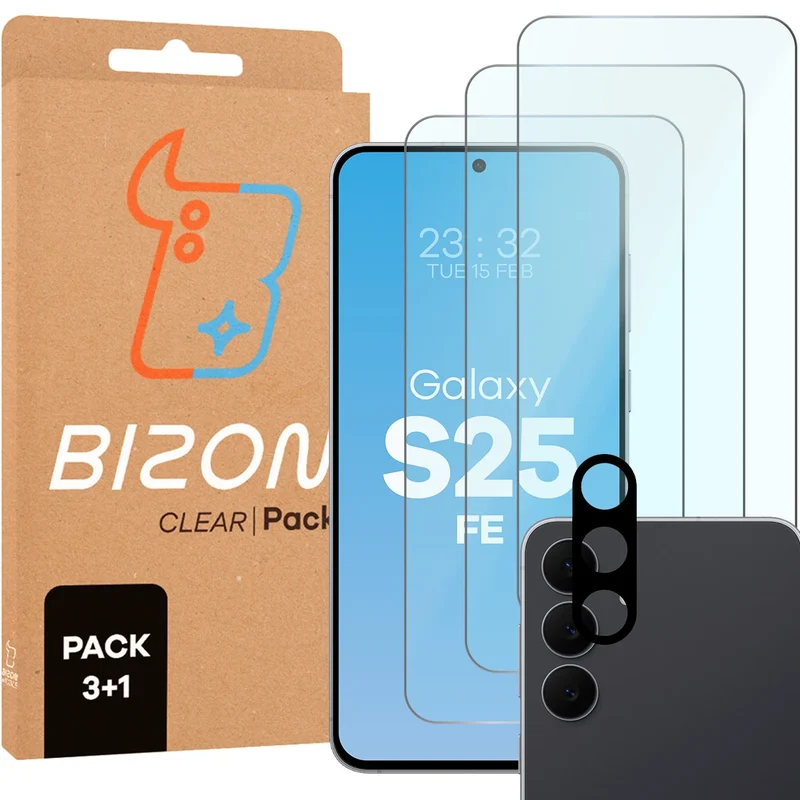 Gehärtetes Glas - 3 Stück + Kameraschutz für Galaxy S25 FE, Bizon Glass Clear Pack