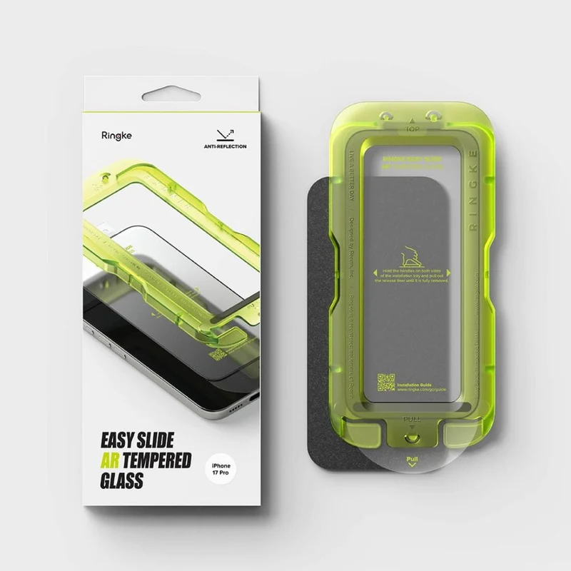 Gehärtetes Antireflexglas mit Applikator für iPhone 17 Pro, Ringke Easy Slide AR, 1 Stück, schwarzer Rahmen