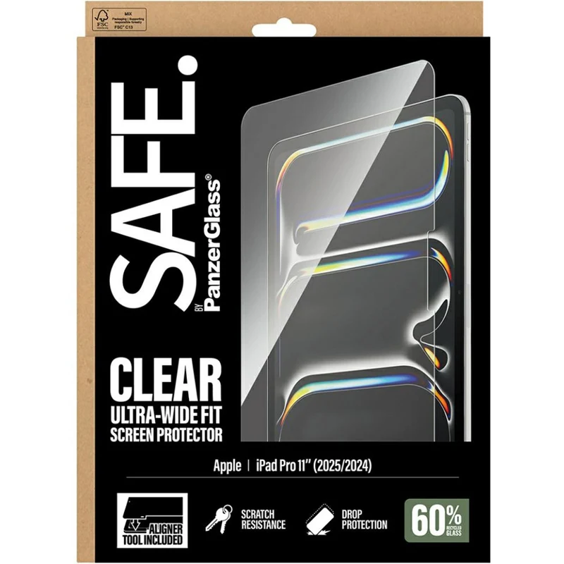 Gehärtetes Glas mit Applikator für iPad Pro 11" 2025 / 2024, SAFE by PanzerGlass Clear Ultra-Wide Fit FastFit
