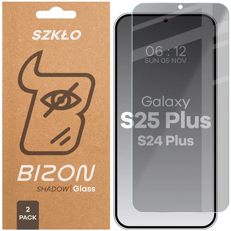 Gehärtetes Glas mit Privatschutzfilter für Galaxy S25 Plus / S24 Plus, Bizon Glass Clear Shadow Duo, getönt, 2 Stück