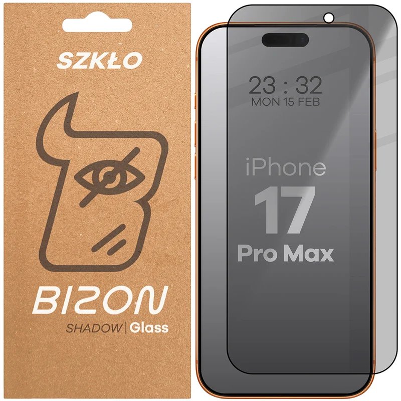 Gehärtetes Glas mit Privatschutzfilter für iPhone 17 Pro Max, Bizon Glass Edge Shadow, getönt mit schwarzer Rahmen