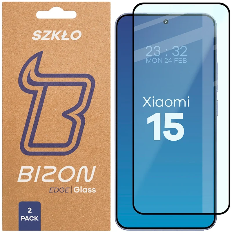 Gehärtetes Glas für Xiaomi 15, Bizon Glass Edge Duo, Schwarzer Rahmen, 2 Stück