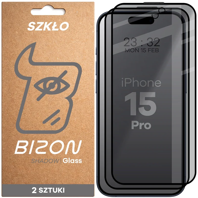 Gehärtetes Glas mit Privatschutzfilter für iPhone 15 Pro, Bizon Glass Edge Shadow Duo, getönt mit schwarzer Rahmen, 2 Stück