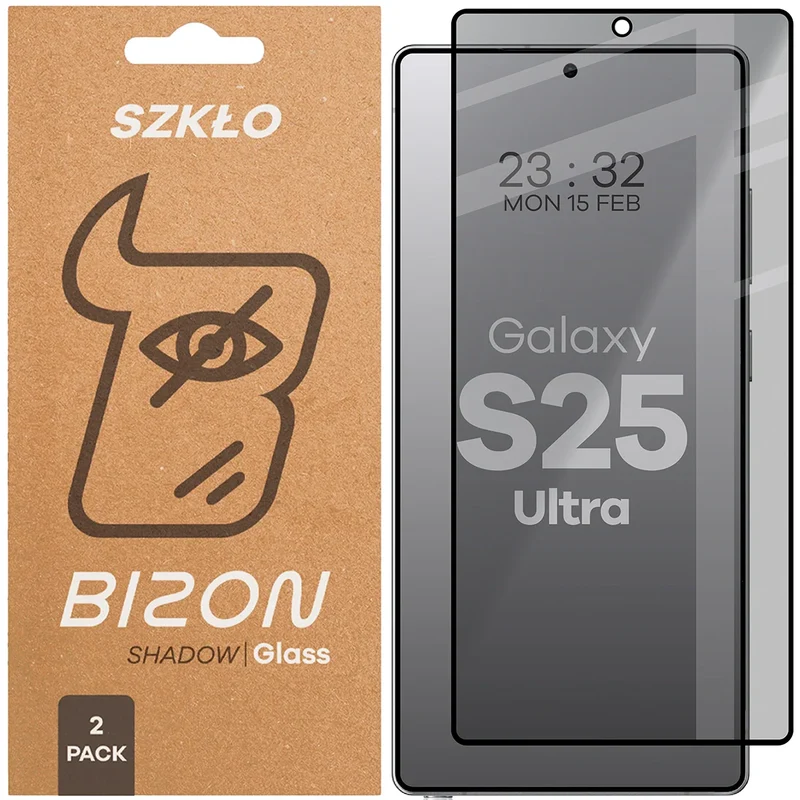 Gehärtetes Glas mit Privatschutzfilter für Galaxy S25 Ultra, Bizon Glass Edge Shadow Duo, getönt mit schwarzer Rahmen, 2 Stück