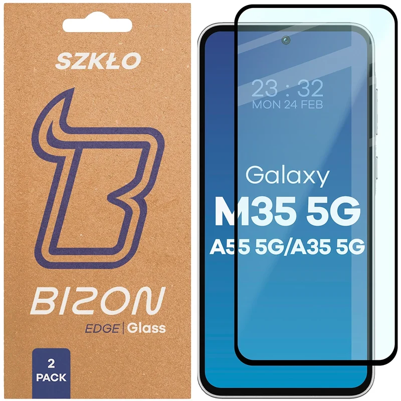 Gehärtetes Glas für Galaxy M35 5G / A35 5G / A55 5G, Bizon Glass Edge Duo, Schwarzer Rahmen, 2 Stück