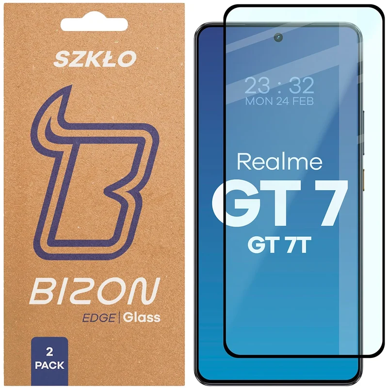 Gehärtetes Glas für Realme GT 7 / 7T, Bizon Glass Edge Duo, Schwarzer Rahmen, 2 Stück