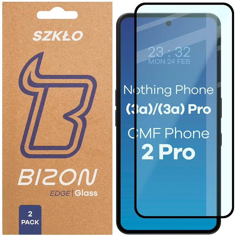 Gehärtetes Glas für Nothing Phone (3a) / (3a) Pro / CMF Phone 2 Pro, Bizon Glass Edge Duo, Schwarzer Rahmen, 2 Stück