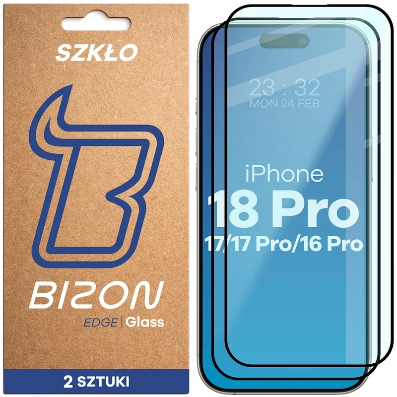 Gehärtetes Glas für iPhone 18 Pro / 17 / 17 Pro / 16 Pro, Bizon Glass Edge Duo, Schwarzer Rahmen, 2 Stück
