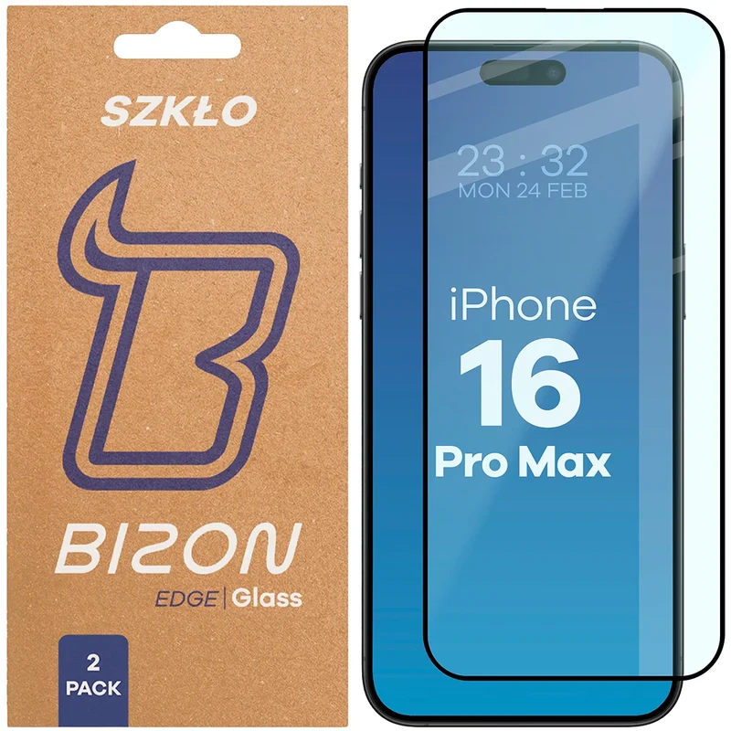 Gehärtetes Glas für iPhone 16 Pro Max, Bizon Glass Edge Duo, Schwarzer Rahmen, 2 Stück