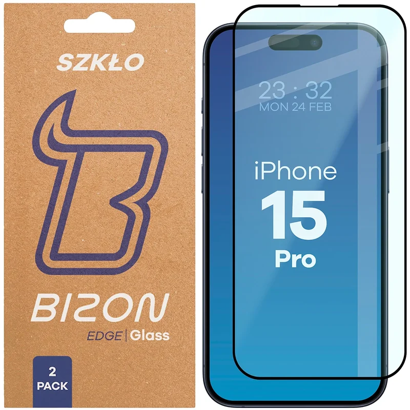 Gehärtetes Glas für iPhone 15 Pro, Bizon Glass Edge Duo, Schwarzer Rahmen, 2 Stück