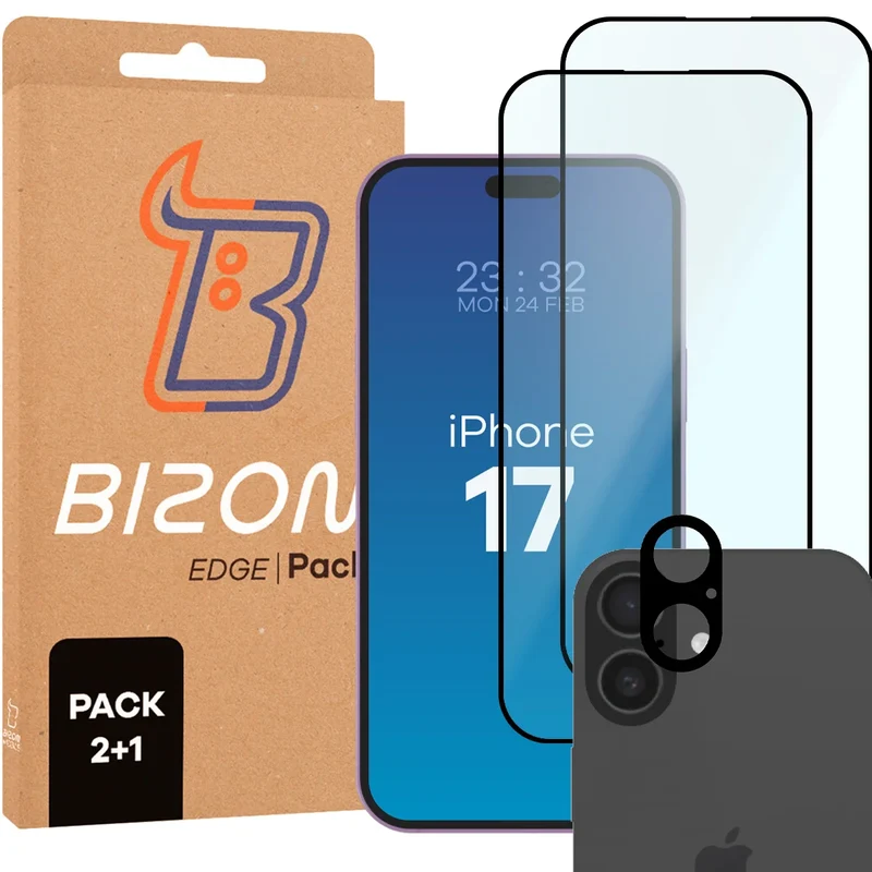 Gehärtetes Glas - 2 Stück + Kameraschutz für iPhone 17, Bizon Glass Edge Pack, Schwarz