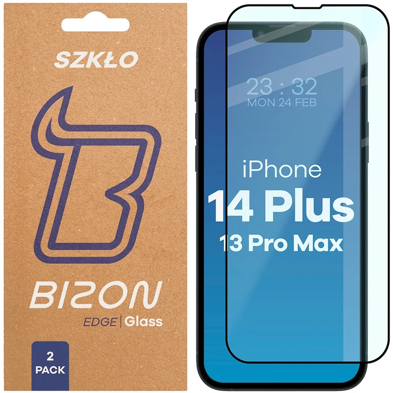 Gehärtetes Glas für iPhone 14 Plus / 13 Pro Max, Bizon Glass Edge Duo, Schwarzer Rahmen, 2 Stück