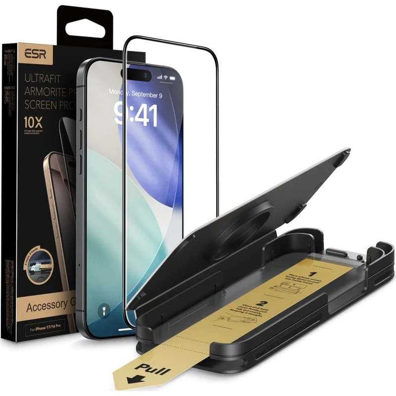 Gehärtetes Glas für iPhone 17 Pro, ESR Ultrafit Armorite Pro Tempered Glass, Transparent mit schwarzen Rahmen