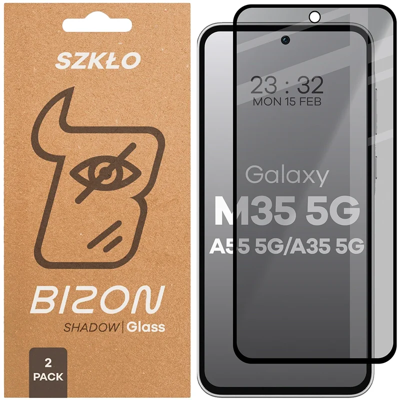Gehärtetes Glas mit Privatschutzfilter für Galaxy M35 5G / A35 5G / A55 5G, Bizon Glass Edge Shadow Duo, getönt mit schwarzer Rahmen, 2 Stück