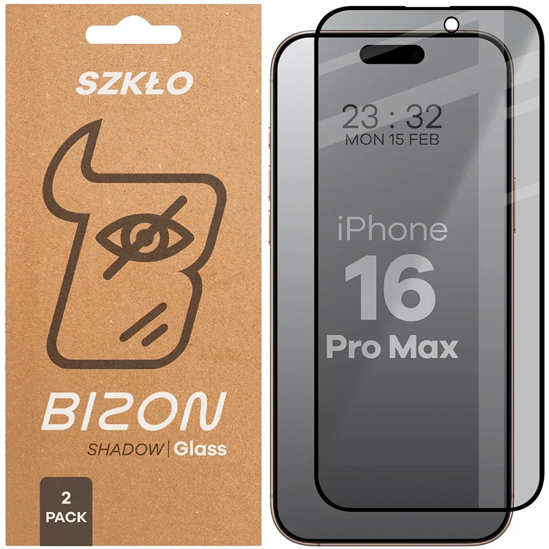 Gehärtetes Glas mit Privatschutzfilter für iPhone 16 Pro Max, Bizon Glass Edge Shadow Duo, getönt mit schwarzer Rahmen, 2 Stück